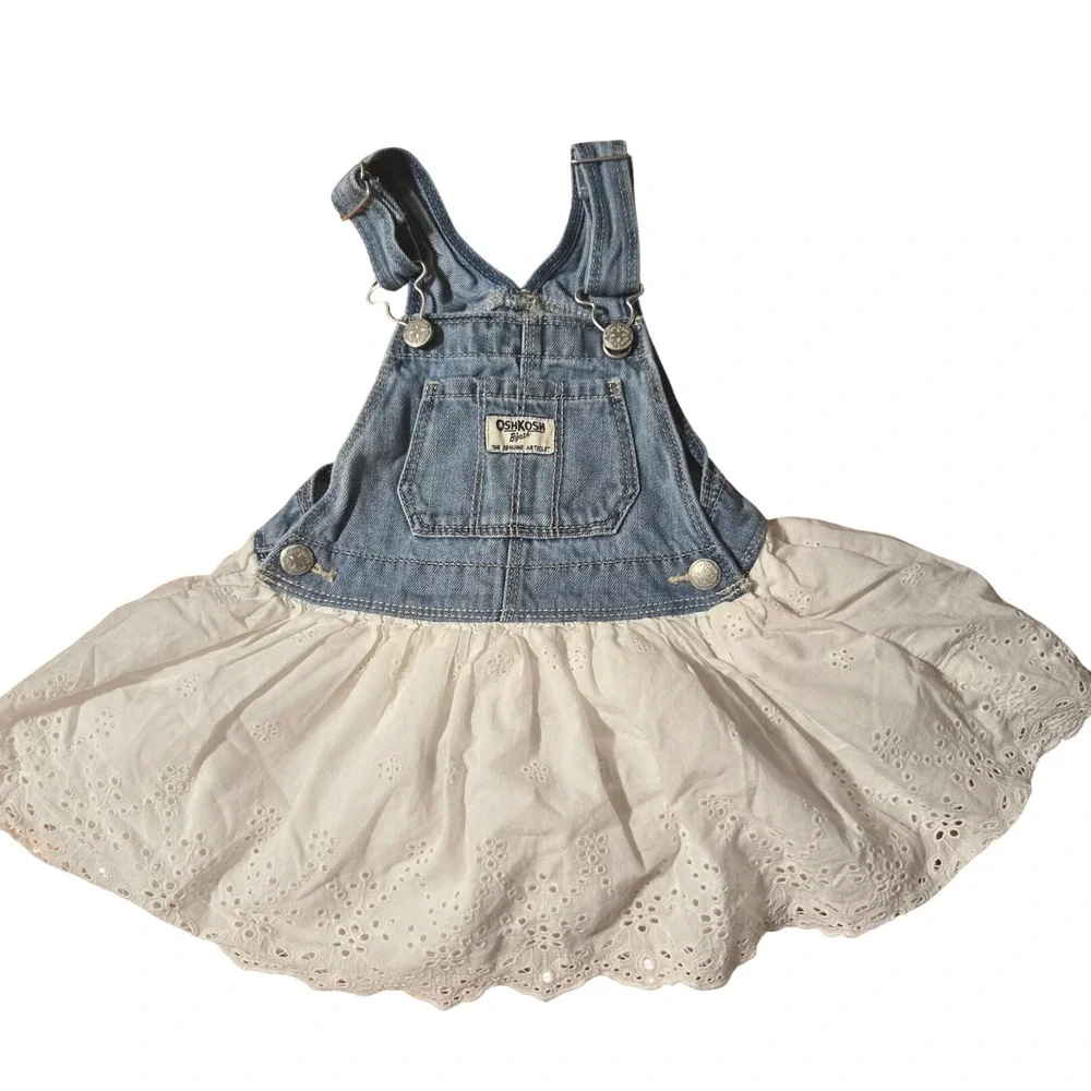 OshKosh Bgosh‎ Girls Denim Dress Overalls Eyelet Skirt Size 2T
